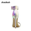 Aneikeh 2021 Fashion Summer Serpentine PU Peep Toe High Heel Women Sandals Sexy Buckle Strap Ankel-Wrap Ladies Club Shoes Silver Y0721