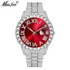 Dropshipping Big Diamond Red Mens Klockor Top 18K Gold Watch Män Rostfritt Stål Länk Analog Bästa Quartz Armbandsur