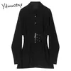 Yitimuceng Sashes Bluz Kadın Gömlek Vintage Gevşek Katı Siyah Bahar Moda Turn-down Yaka Tek Göğüslü Tops 210601