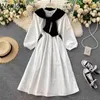 Chic Preppy Style Lantern Sleeve A-line Dress Autumn Knitted Capes Dresses Women O-neck Loose Midi Vestidos 1F730 210422