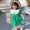 2021 Summer New Girl'S Dress Korean Version Of The Green Flower Bottom Big Lapel Western Style Cute Q0716