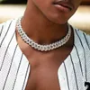 Chaîne cubaine baguette à griffes de 15 mm, plaqué or blanc 14 carats, collier en vrais diamants glacés, bijoux en zircone cubique, longueur 14 à 20 pouces, 266n