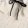 Zevity Women Sweet Black Bow Miste Ruffles Knitting sweter Kobiet Chic Pearl Frezowanie Rękawem Puff Swetry Hollow Topy S671 210603
