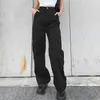 Rapwriter Streetwear Full Length Straight High Waist Pant Cotton Pockets Patchwork Cargo Pants Women Blue Jean Capris Femme 210415