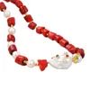 GuaiGuai Jewelry Red Coral White Pearl Necklace White Keshi Pearl Cz pave Pendant Handmade For Women Real Gems Stone Lady Fashion 1449459