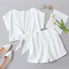 Women Summer Sweet Solid Suits 2-piece Sets 100%Cotton Short Blouses Tops and Shorts Female Fashion Street Clothing 210513