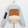 TWOTWINSTYLE Patchowrk Lambswool Denim Jacket For Women Lapel Long Sleeve Tassel Casual Coat Female Winter Fashion Tide 210928