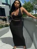 Yeni yaz kadın iki parçalı elbise tankı üst mahsul üst+etek artı boyut S-2XL kıyafetleri düz renk izi kolsuz siyah tişört+midi etekler 2pcs setleri 4804