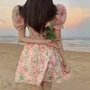 フランスの穏やかな海辺の休日の花のドレス女性の夏の短いパフスリーブの気質210529