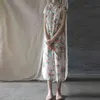 ジョニーチャービンテージAライン夏のドレスプリント半袖ボタンスタンドカラー服ミッドカーフの長さ緩い女性ドレス210521