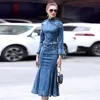 Casual Dresses Autumn Spring Vintage Elegant Bodycon Long Denim Dress Female Fall Slim Sexy Ruffle Trumpet Maxi Jeans Robe