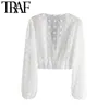 Traf Women Fashion zie door Dot Chiffon bijgesneden blouses vintage Deep V nek lantaarn mouw vrouwelijke shirts chic tops 210401