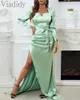 Kvinnor Elegant Långärmad V Neck Satin Oregelbunden Klänning Puff Sleeve Bowknot Ruched Maxi Party Dress Y0726