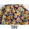 Traf Women Fashion with Pockets Floral Print Loose Blouses Vintage korte mouw knop Beach vrouwelijke shirts chic tops 210415