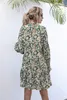 Casual Dresses Floral Lange Puffärmel 2022 Herbst Kleid Frauen Stand-up-Kragen Knöpfe Lose Taille Saum Rüschen A-Linie Mini Vestido