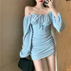 Ezgaga Vestito Sexy Donna Coreano Vintage Manica A Soffio A Vita Alta Slash Collare Del Partito Delle Signore Vestito Aderente Elegante Solido Abiti 210430