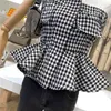 Summer Women Black Plaid Elegant Sweet Off Shoulder Strapless Ruffles Pleated Top Fashion Party Prom 16W1001 210510