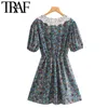 Traf Women Chic Fashion Floral Print Lace Patchwork Mini Dress Vintage Kort ärm Elastisk midja Kvinnliga klänningar Vestidos 210415