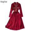 Neploe Vintage Court Style Temperament Dress Women High Waist Hip Sashes A Line Vestidos Turn Down Collar Long Sleeve Robe 210423