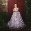 Lavendel Kant Meisjes Pageant Jurken 3D Floral Applicaties Peuter Baljurk Bloem Meisje Jurk Vloer Lengte Tule First Communion Towns Formele Kids Partyjurk