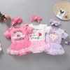 Baby Girls Rompers сетки юбка комбинезон повязки головы 2 шт. Наборы печатных малышей подъем одежда Летняя детская бутик одежда 3 дизайна BT6426