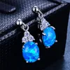 Stud White Blue Fire Opal Oval Stone Earrings Luxury Female Small Crystal Zircon Dainty Silver Color For Women