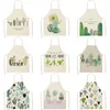 Aprons Cactus Plants Green Leaves Pattern Kitchen Home Cooking Baking Shop Cotton Linen Cleaning Apron