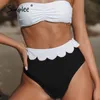 Bikini Off épaule maillots de bain femme taille haute maillot de bain femmes Ruffle 2 pièces ensemble Color block maillot de bain 210414