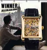 Winner – montre rétro décontractée pour hommes, cadran rectangulaire, motif doré, squelette creux, marque de luxe, mécanique