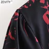 Zevity Women Elegant Cross V Neck Blommigryck Casual Midi Klänning Kvinna Långärmad Kimono Vestidos Party Dresses DS4798 210603