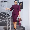 Cm.yaya vrouwen set solide drie kwart lantaarn mouw tops stretchy potlood rokken twee 2 stuk sets office lady outfit zomer 220302