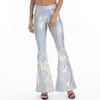 Sexy PU Skórzane Metalowe Spodnie Błyszczące Holograficzne Flare Kobiety Dziewczyny Bodycon Elastyczny Talia Bell Dolny Spodnie Clubwear 211124