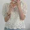 Retro femme chic hook bloemen zonnebrandcrème kant truien blouses zomer korte mouwen casual tops shirts 210525