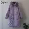 Syiwidii ​​Vinterjacka Kvinnor Tjockt Kvinnligt Höst Puffer Long Coat With A Fur Hood Warm Parkas Purple Black Ytterwear 211221