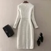 New Designer 2021 Autumn European Women Dress Luxurious Manual Beads Round Collar Long Sleeve Knitted Tweed Slim Pencil Dress Y1204