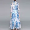 Été femmes Style coréen en mousseline de soie florale Midi écharpe col demi manches bouffantes une ligne transparente élégante robe D13010X 210416