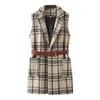 Damenwesten Merodi Womens Fashion Plaid Print Lange Jacken Weste mit Gürtel Chic Lady Frühling Herbst ärmellose dicke Woll-Outwear Stra22