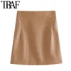 Traf Women Fashion with Seams Faux Leather Office Wear Mini Kjol Vintage High midja Bak Back Zipper Kvinnliga kjolar Mujer 210415