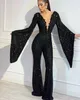 Blygsamma svarta jumpsuitklänningar skopa hals flare paljett arabiska dubai aftonklänning anpassad outfit prom klänning