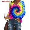 Women T-shirts Casual V Neck Tie Dye Print Long Sleeve Loose T-shirt Autumn Gradient Contrast Color TShirts Tops Femme Plus Size 210507