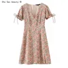 Spring Summer Vintage V-neck High Waist Slim Split Printed Puff Sleeve Holiday Mini Dress Women 210508