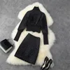 Runway Fashion Winter Outfit Frauen Pailletten Laterne Ärmel Kurze Jacke und Rock Anzug 2 Stück Passendes Set 210601