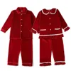 Kinderen Fluwelen Nachtkleding Button Down Sibling Match Boys and Girls Pyjama Set Rode Luxe Kerst PJ's 210903