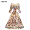 Neploe Elegant Heavy Work Print Dress Women High Waist Hip A Line Long Vestidos O Neck Long Sleeve Slim Robe Spring 210510