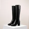 Lederen hoge hak lange laarzen vrouwen schoenen metalen decoratie dikke rits knie-high lady winter zwart 210517