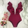 2021 New Sexy Ruffle Print Floral One Piece Swimsuit Off The Shoulder Swimwear Women Solid Deep-V Beachwear Bathing Suit Monkini 1109 Z2