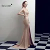 Vestido De Festa Tatlı Pembe Saten V Yaka Akşam Uzun Elbise Bruid Parti Seksi Backless Mermaid Balo Bölünmüş Maxi Elbiseler 210709