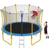 12ft trampolin för barn med säkerhetshölje nät, basketbåge och stege, enkel montering Runda utomhus rekreationsvagnar A07