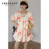 푹신한 퍼프 소매 꽃 프린트 여름 드레스 핑크 백리스 짧은 디자이너 미니 귀여운 한국어 스타일 210427