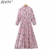 Kobiety Sweet Agaric Koronki Różowy Kwiatowy Print Casual Plised Midi Sukienka Kobieta Trzy Czwarty Rękaw Party Vestido DS4910 210416